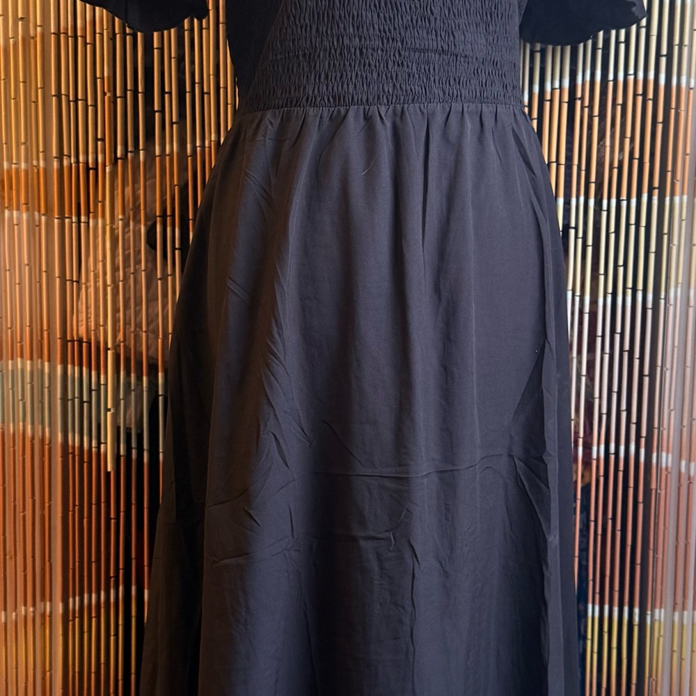 Black Midi Dress with Smocked Bodice